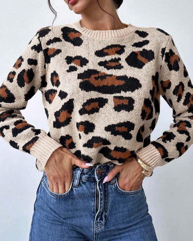 Round Neck Retro Commute Leisure Contrast Color Leopard Print Pullover Sweater