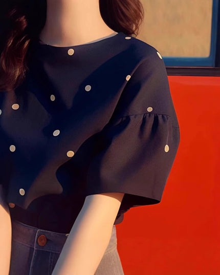 Black Dark Blue Polka Dot Short Sleeve T-shirt