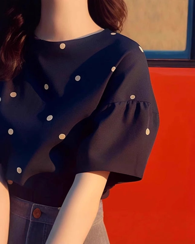 Black Dark Blue Polka Dot Short Sleeve T-shirt