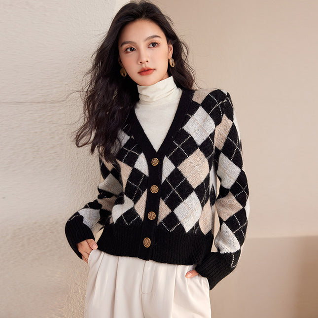Autumn And Winter New French Minority Short Rhombus Long Sleeve Cashmere Knitted Coat