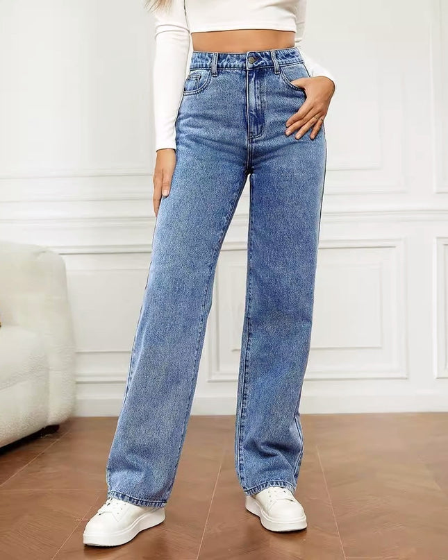 Washed Fashion Straight Jeans Women's Mid Waist