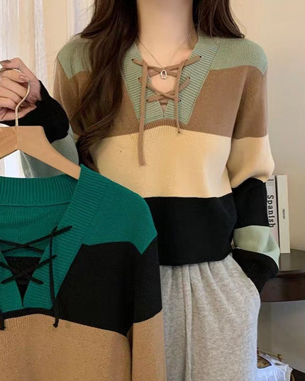 V-collar Contrast Color Short Long-sleeved Sweater Women's Striped Binding Rope Slimming Slim Fit Petite Top