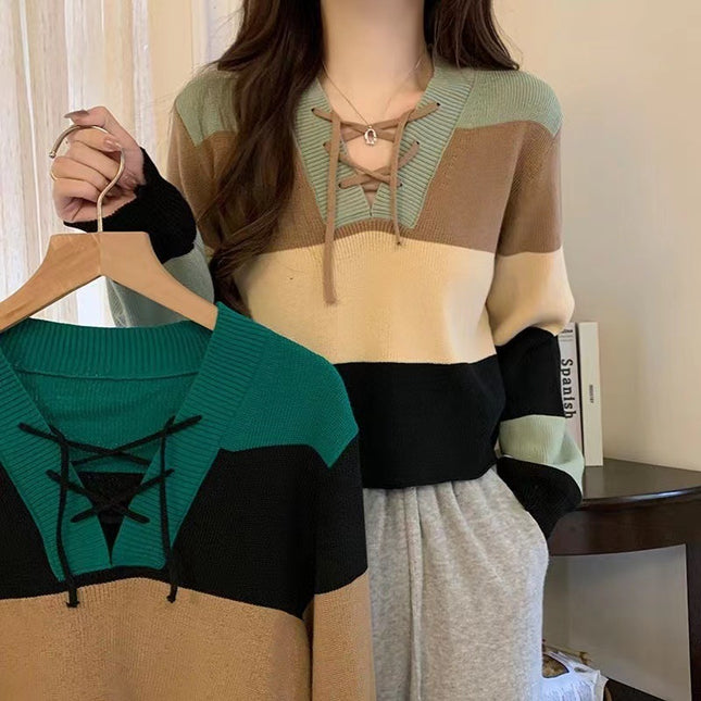 V-collar Contrast Color Short Long-sleeved Sweater Women's Striped Binding Rope Slimming Slim Fit Petite Top