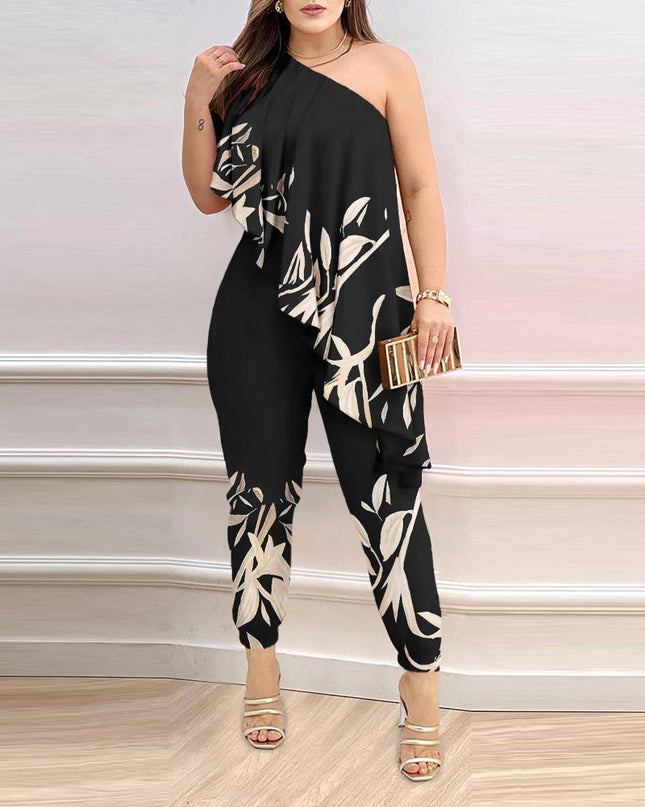 Printed One-shoulder Ruffled Jumpsuit