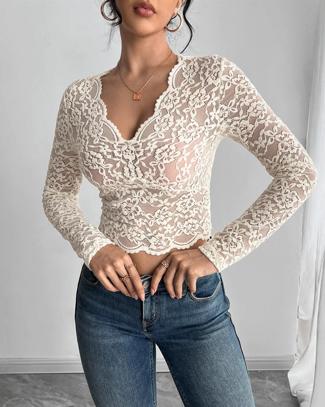 Solid Color Sexy Lace V-neck Long Sleeve T-shirt
