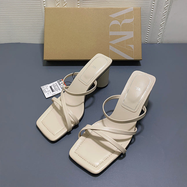 Square Toe High-heeled Sheep Leather Sandals