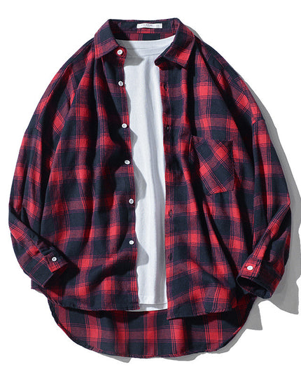 Japanese Style Plaid Long Sleeve Shirt Men Loose-fitting Workwear Jacket