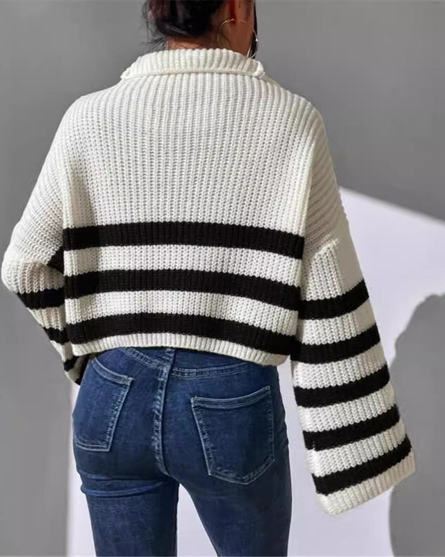 New Striped Contrast Color Stand-up Collar Knitted Pullover Sweater Outerwear Women