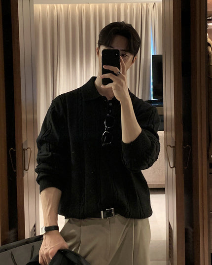 Winter Warm Lapel Sweater Men's Korean Style Handsome High Sense