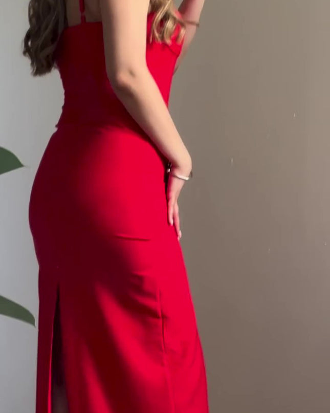 Red Sexy Back Slit Suspender Maxi Dress