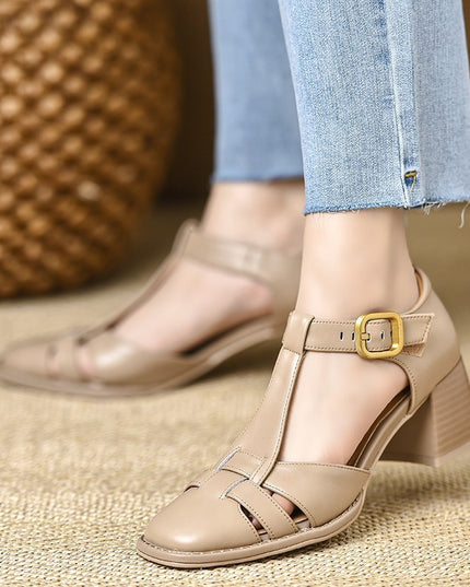 Women's Chunky Heel Hollow Buckle Pig Cage Closed Toe Sandals