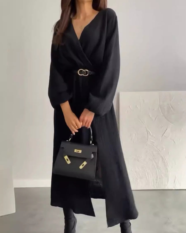 Fashion Long Sleeve Solid Color Waist Tight Dress