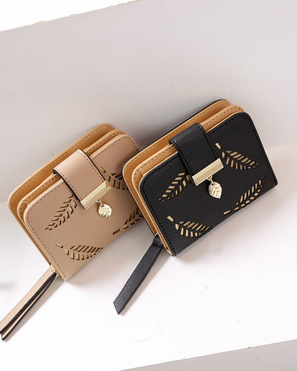 New Korean Women's Wallet Short Hollow Clutch Bag Leaf Zipper Buckle Bills Card Pack