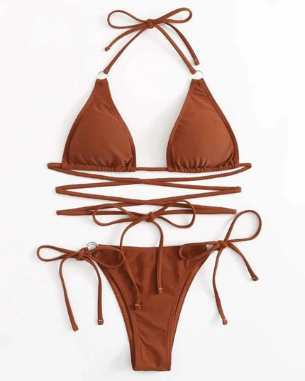 Women's Solid Color Bandage Split Swimsuit Bikini