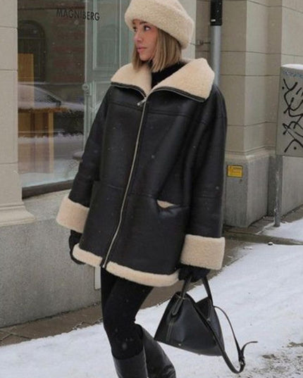 Fashion Cashmere Leather Fur Collar Composite Leather Coat