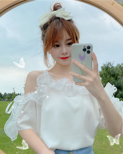 Puff sleeve one-shoulder short sleeve shirt