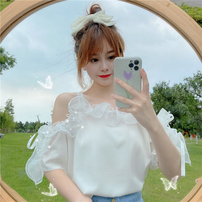 Puff sleeve one-shoulder short sleeve shirt