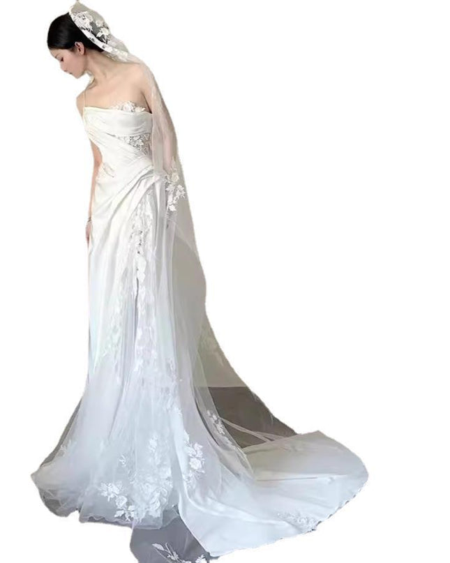 Satin Lace Wedding Veil Tube Top Fishtail Wedding Dress
