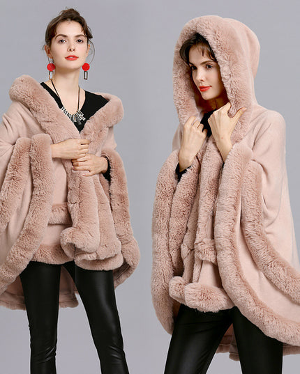 Faux Fox Fur Collar Fur Hooded Knit Cardigan Cape Cape Jacket