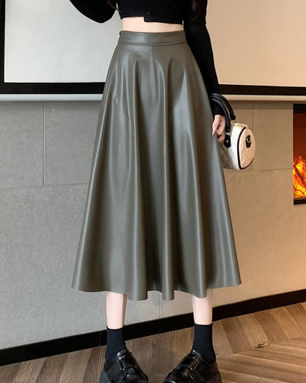 Leather Medium Length Simple A- Line Umbrella Skirt