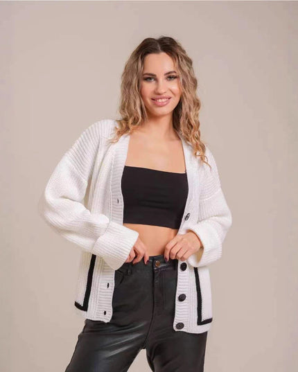 Loose-fitting V-neck Pocket Contrast Color Knitted Cardigan Sweater Coat