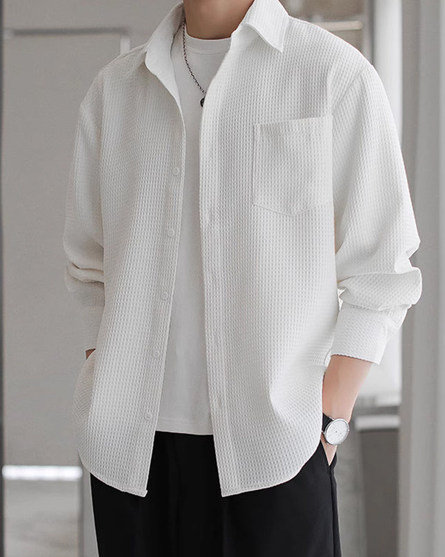 Waffle Polo Collar Jacket Casual Loose Men's Shirt