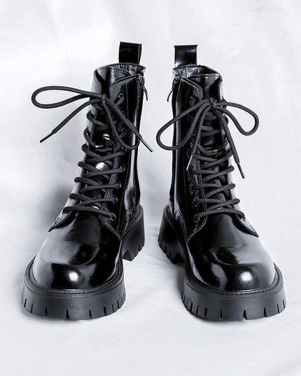 Patent Leather Martin Boots Men's Zipper Glitter Tied