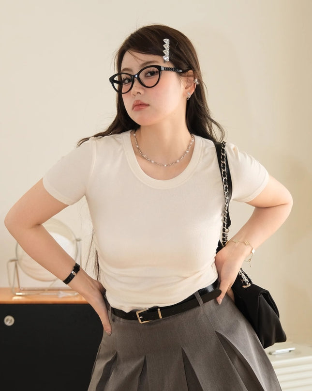 Plus Size Pleating Midriff Outfit High Elastic Bottoming Shirt Short Sleeve T-shirt