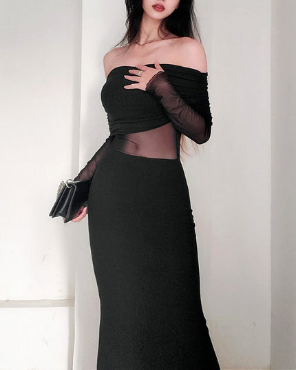 Women's Winter Sexy Off-the-shoulder Pleated Long Sleeve Polyester Dress