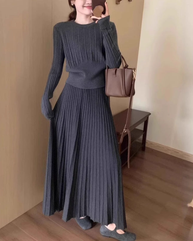 Gray Knitted Temperament Long Dress Suit
