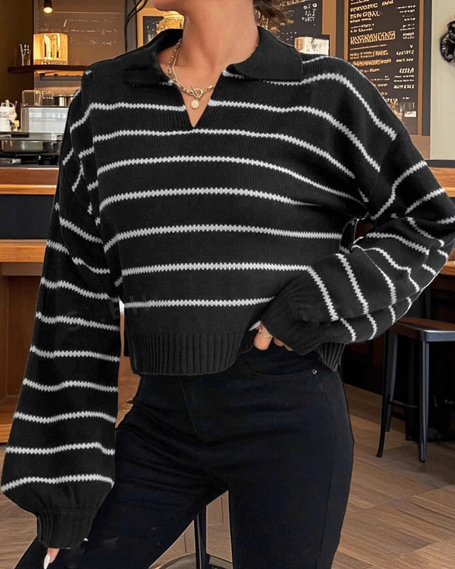 Women's Elegant Polo Collar Stripes Loose Sweater