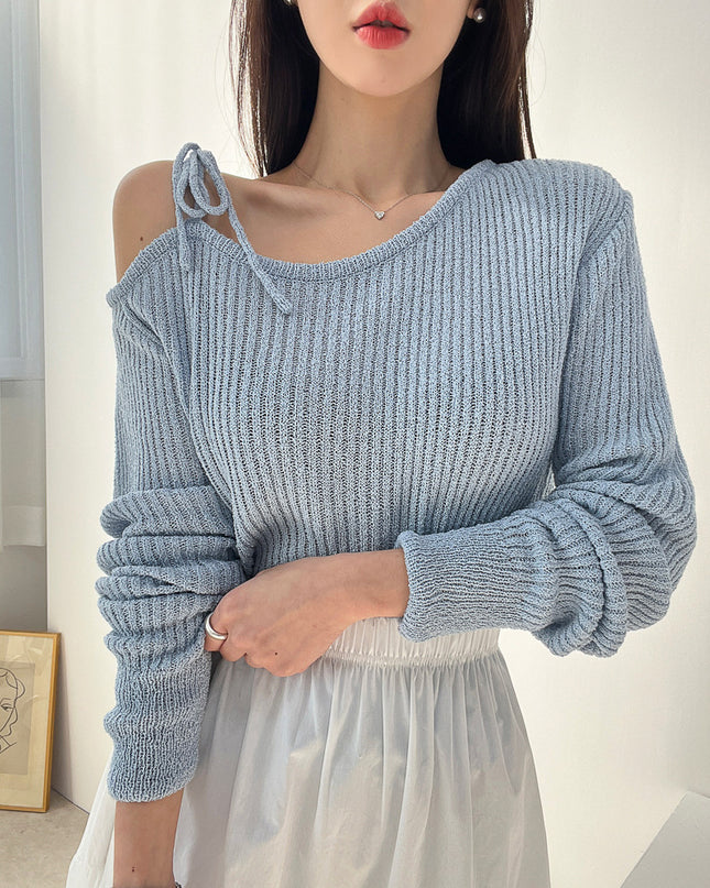 Lace-up Design Sunken Stripe Long-sleeved Sweater Women's Top