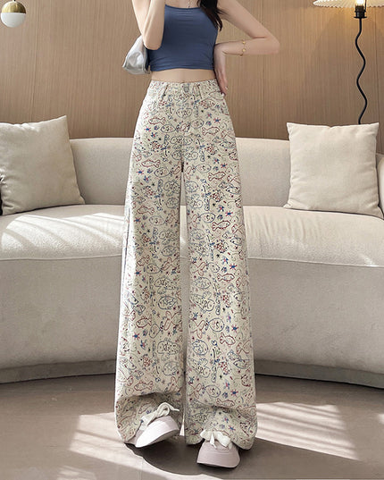 Small Fish Graffiti Pattern Straight Wide Leg High Waist Casual Trousers