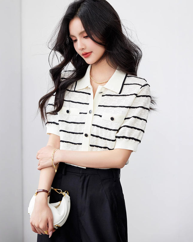 Elegant Polo Collar Striped Women's Contrast Colors Slimming Knitted Short Sleeve