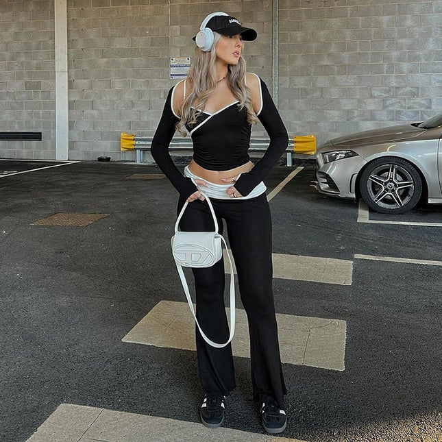 Color Matching Waist Casual Bootcut Trousers Women