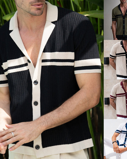 Men's Lapel Short Sleeve Color Matching Casual Shirt