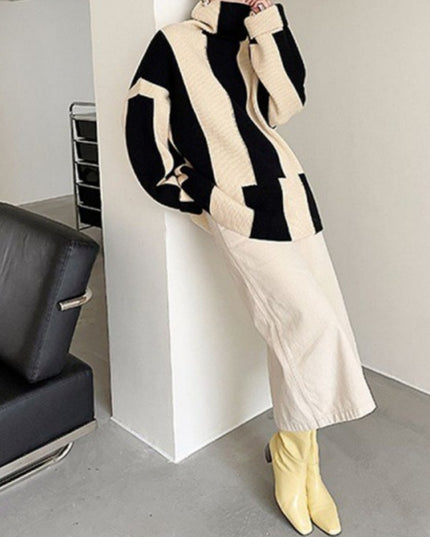 Idle Style Turtleneck Pullover Black And White Striped Sweater For Women