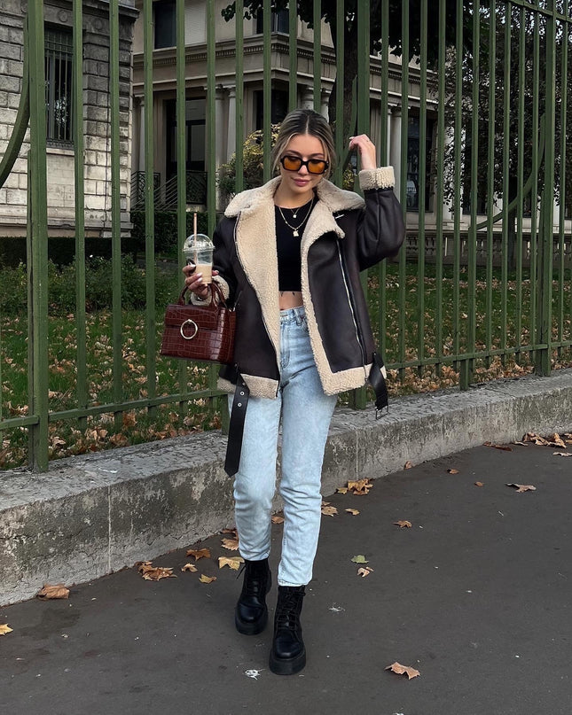 French Fur Integrated Multi-zipper All-matching Long Long Sleeve Jacket