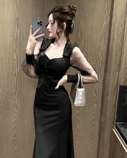 French Style Square Collar Long Dress For Women Hepburn Style Elegant Socialite Mesh Puff Sleeve Fishtail Dress