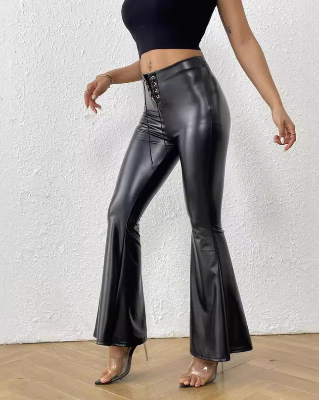 Bright Leather Elastic Waist Bell-bottom Pants