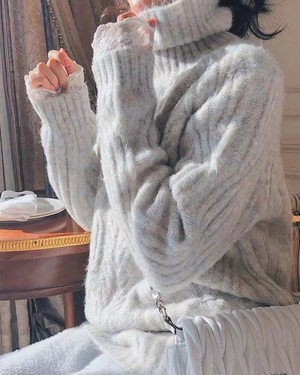 Autumn And Winter New Loose Outer Wear Thick Retro Cable-knit Turtleneck Sweater For Women