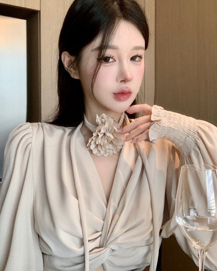 Women's Short Lace-up Kink Puff Sleeve Shirt Top