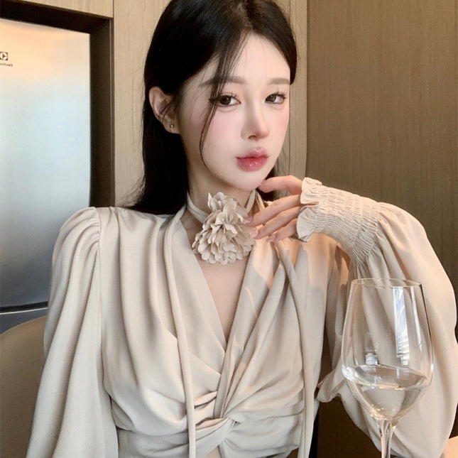 Women's Short Lace-up Kink Puff Sleeve Shirt Top