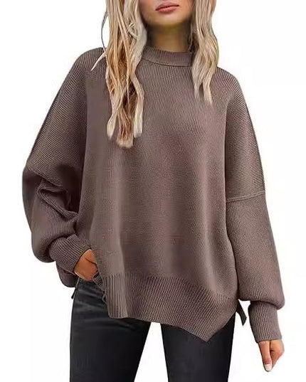 Thick Needle Side Slit Sweater Round Neck Loose Solid Color Batwing Long Sleeve Sweater For Women