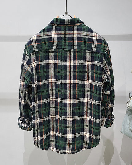 Green Plaid Cotton Long Sleeve Shirt