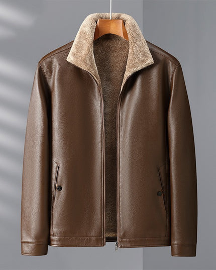 Fleece-lined Men's Leather Clothing With Stand Collar