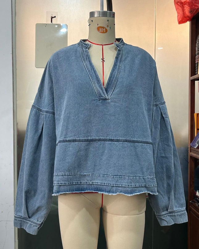 New V-neck Long Sleeve Loose Stitching Denim Long Sleeve Loose All-matching Top