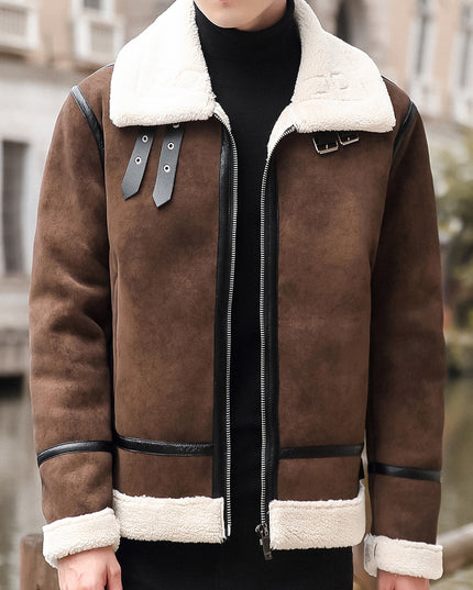 Youth Biker’s Leather Jacket with Lamb Wool Lining | Vintage PU Motorcycle Coat for Men