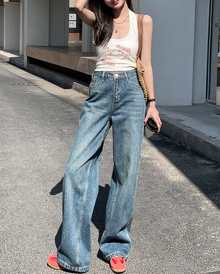 Vintage Blue High Waist Velvet Padded Straight Jeans