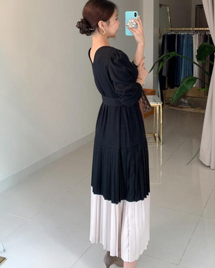 Round Collar Color Patchwork Pleated Dress Long Skirt Woman